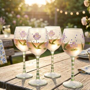 Flora Hand Painted Wine Glass Floral NEW Set of 4 VTG European Summer Coastal